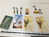Keychains, postcards and book