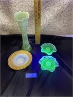 Green Glass Candleholders, Vase & orange dish