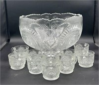 Cut Glass Crystal Punch Bowl W/ 10 Glasses Bowl