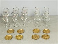 10 Irish coffee glasses & 8 brass coasters