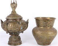 ORNATE ANTIQUE BRASS ASIAN RELIGIOUS TEMPLE URNS