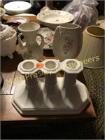 PORCELAIN CANDLE HOLDER AND TWO PORCELAIN