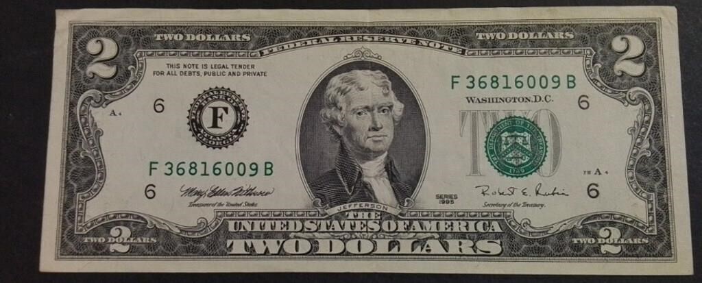 1995 Series US $2 Banknote AU50