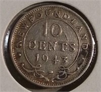 1943 C NFLD Sterling 10 Cents EF40