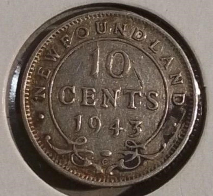 1943 C NFLD Sterling 10 Cents EF40