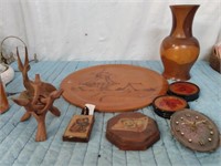 WOODEN ITEMS AND A GEO CLOCK
