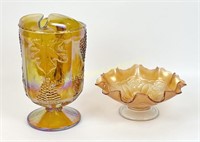 CARNIVAL GLASS PITCHER AND BOWL
