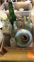 Misc lot of bottles / jars & lightening rod ball.