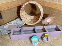 wooden decor lot, basket, wooden box
