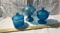 3 Blue Covered Candy Dishes
