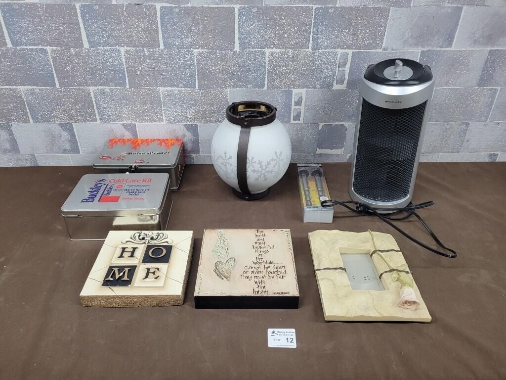 Air purifier, wall art, vintage tin boxes