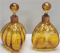 Pair Amber Engraved Art Glass Decanter Bottles