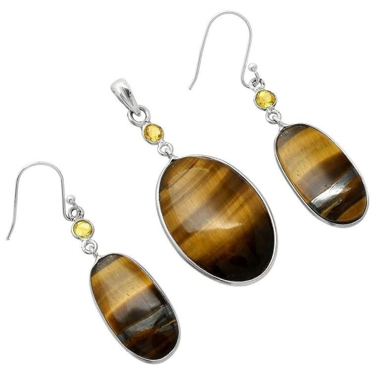 925 Tiger Eye and Citrine Pendant Earrings Set