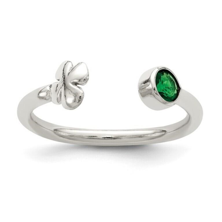 Sterling Slv Green Glass Bead 4-Leaf Clover Ring