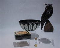 Ebony Carved Owl, Trinket Box & Gold Dust