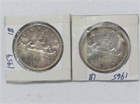 TWO 1959, 1965 CANADIAN SILVER DOLLARS