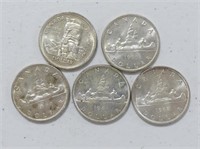 FIVE 1958 - 1962 CANADIAN SILVER DOLLARS