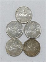 FIVE 1959 - 1966 CANADIAN SILVER DOLLARS