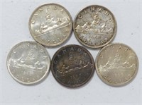 FIVE 1959 - 1966 CANADIAN SILVER DOLLARS