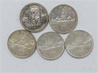 FIVE 1958 - 1962 CANADIAN SILVER DOLLARS