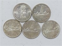 FIVE 1958 - 1962 CANADIAN SILVER DOLLARS