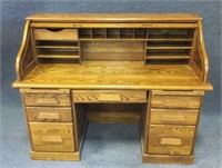 Oak Roll Top Desk with 7 Drawers and Storage