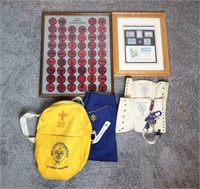 VINTAGE BOY SCOUT STAMPS, PATCHES, BAG & MORE