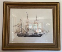 Charles W. Morgan Whaler Ship Litho in Gilt Frame