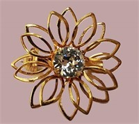 STUNNING VTG SIGNED SWARKOWSKI GOLD FLORAL BROOCH