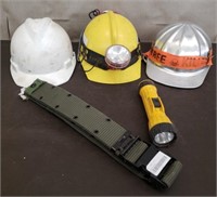 Lot of 3 Hard Hats, Flashlight & Web Belt