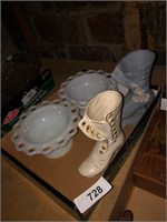 (2) Milk Glass Dishes & (2) Shoe Vases