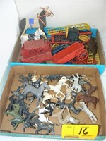 (2) FLATS WITH PLASTIC PLAYSET PIECES, HORSES,