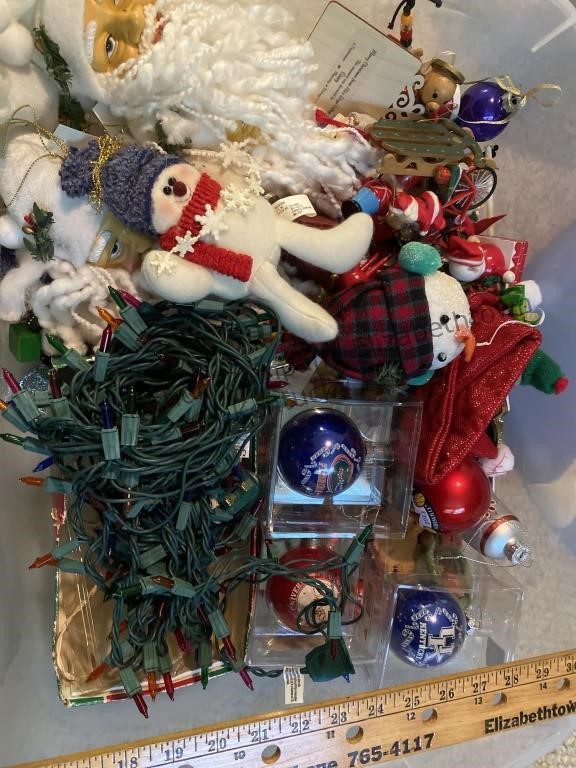 2 totes of Christmas ornaments and more