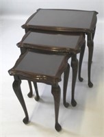 English Queen Anne 3pc Glass Top Nesting Tables