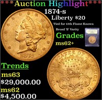 *Highlight* 1874-s Liberty $20 Graded Select Unc