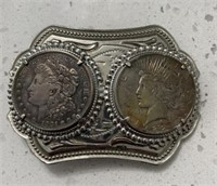 Morgan and peace silver dollar belt buckle