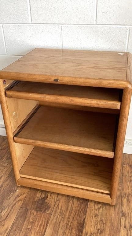 Oak media stand with 2 easy slide pull outs,