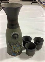 Stoneware decanter w/ 3 cups