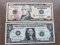 10$ & 1$ Star Note Set, Both SN Begin 00