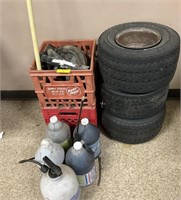 Misc lot of  crates, Tires 4 ply,