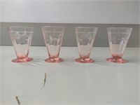 Pink Depression Etched Glasses, 4 PC's