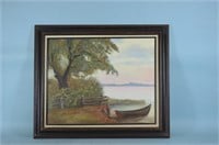 Framed Painting of Lake and Boat