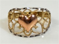 UNIQUE 10K WHITE & YELLOW GOLD RING W HEART DETAIL