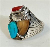AMAZING VNTG NAVAJO TURQUOISE & CORAL STERLNG RING