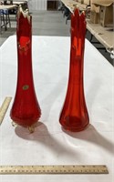 2 red glass vases-1 footed