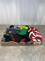 Assortment of beanie winter hats and some scarfs