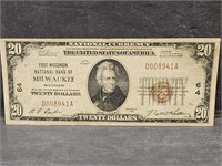 1929 $20 Currency  MILWAUKEE