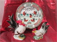 Ceramic Roosters & Painted Rooster Plate