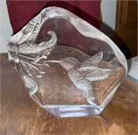 Etched Crystal Hummingbird and Flower Paperweight
