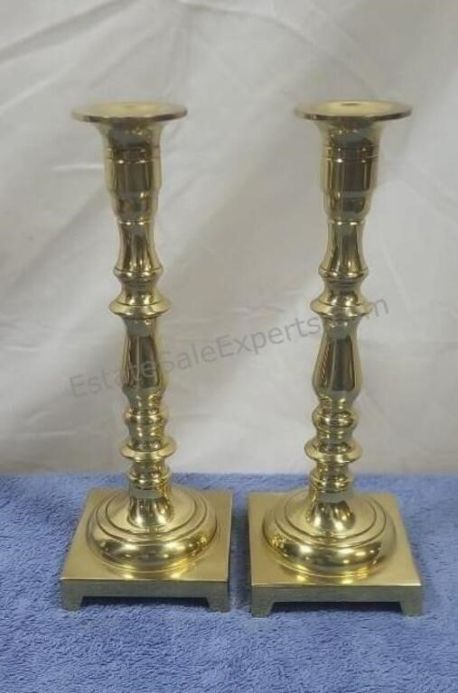 Solid brass candle sticks. 9ins.